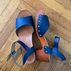Lucky Brand low heeled clog sandals navy blue and wood.